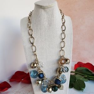 Goldtone chain green teal gold beads faux crystals and rhinestone necklace